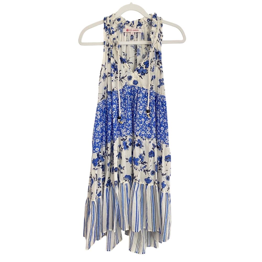 Ro's Garden Tuckernuck Sofia Sleeveless Dress Blue White Floral Mini Dress S